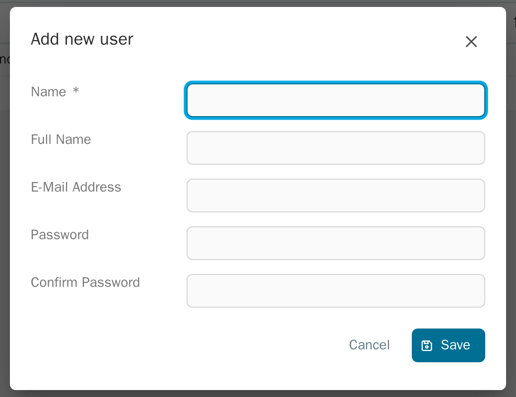 The Add new user dialog with fields Name, Full Name, E-Mail Address, Password and Confirm Password