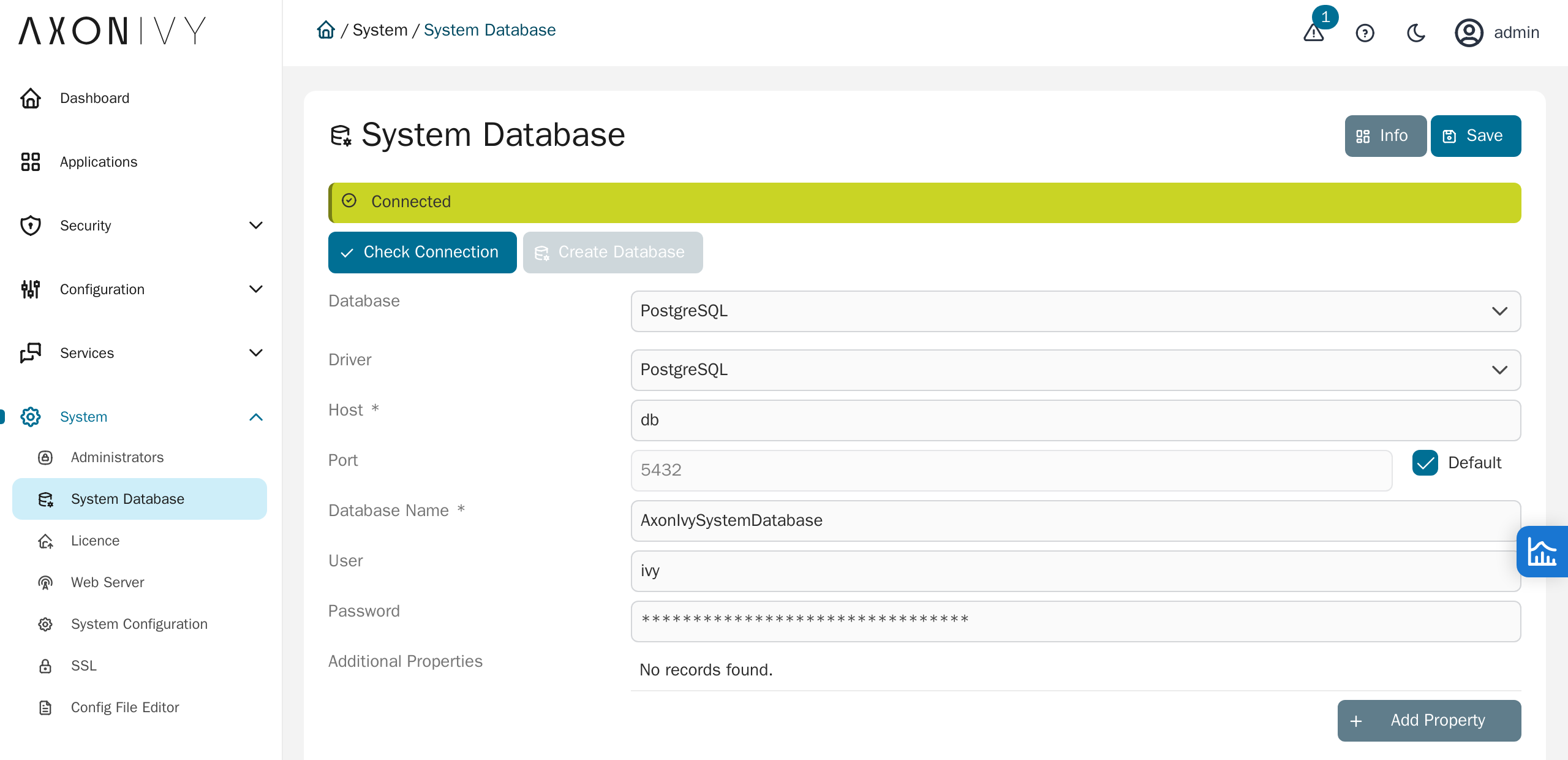 The Engine Cockpit System Database page with a green Connected bar and the database and driver named