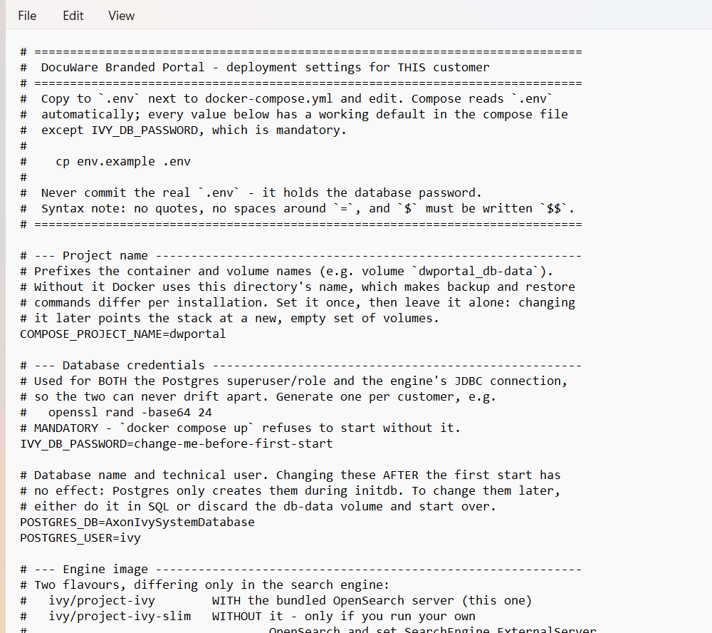 env.example open in Notepad, showing comment lines and the lines that are not comments