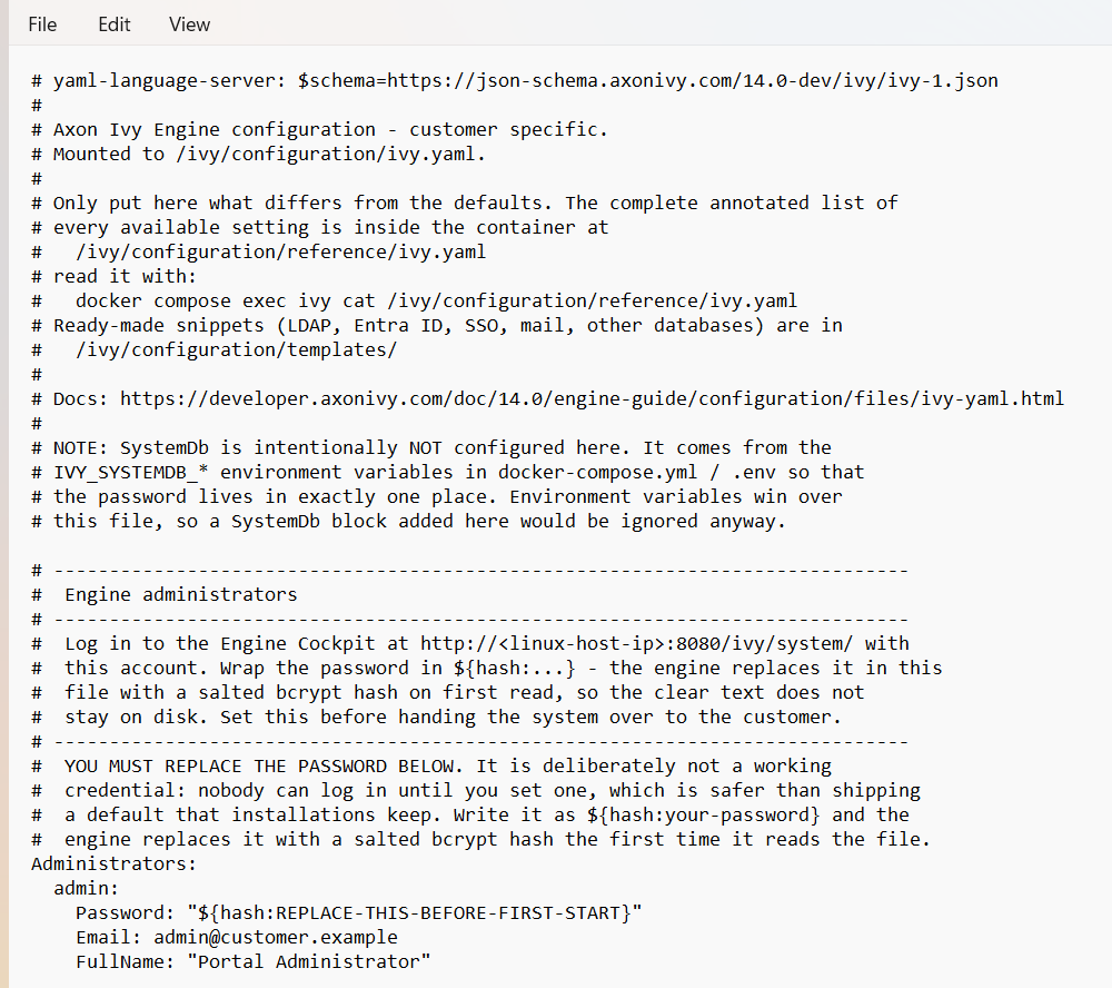 config/ivy.yaml open in Notepad with the Administrators block showing the placeholder password