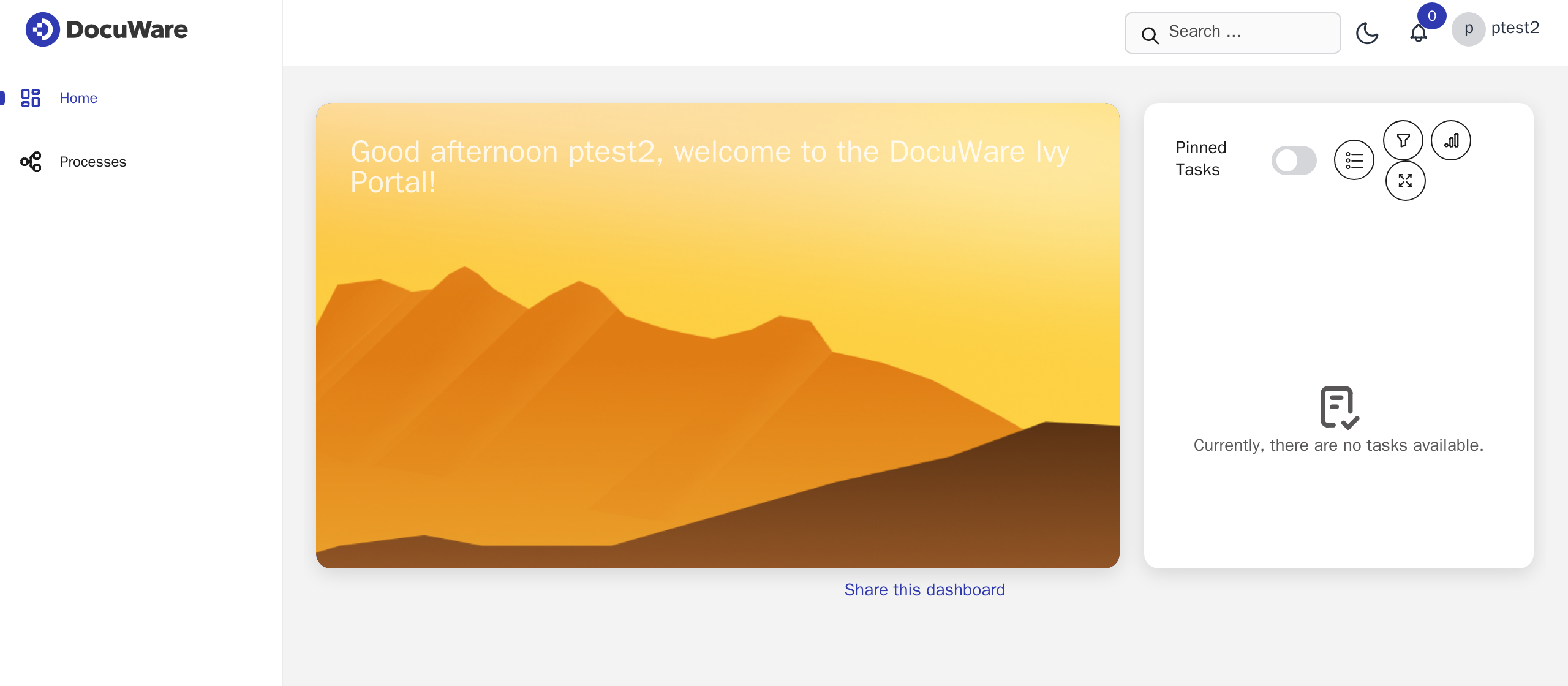 The portal dashboard, with Home and Processes in the left sidebar, a welcome panel and a task widget