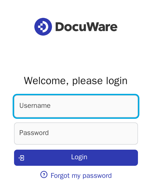 The DocuWare Ivy portal login page with the DocuWare logo, username and password fields and a blue Login button